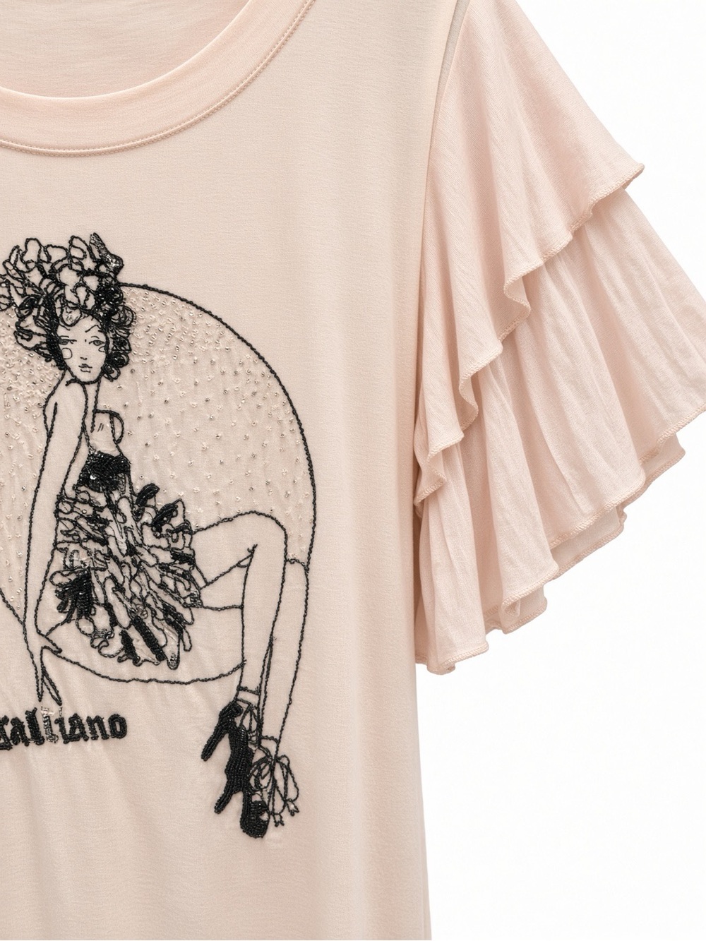Ruffle Sleeve Graphic Tee in Blush Pink GALLIANO